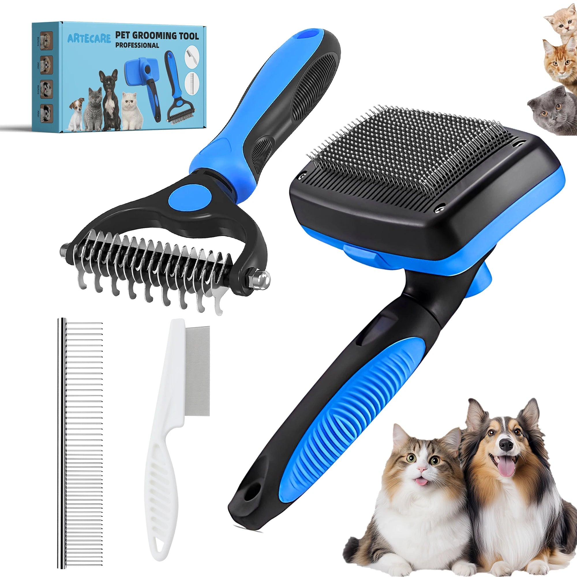 4-in-1 Professional Pet Grooming Brush Kit – Stainless Steel Comb Set for Dogs & Cats (Long & Short Hair)