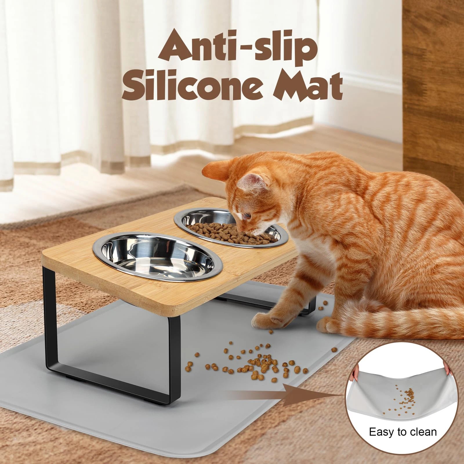 Elevated Cat Bowls with 15° Tilt – Raised Stainless Steel Cat Feeder with Anti-Slip Food Mat (Set of 2)