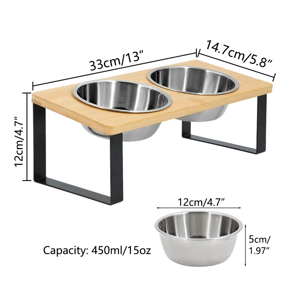 Elevated Cat Bowls with 15° Tilt – Raised Stainless Steel Cat Feeder with Anti-Slip Food Mat (Set of 2)