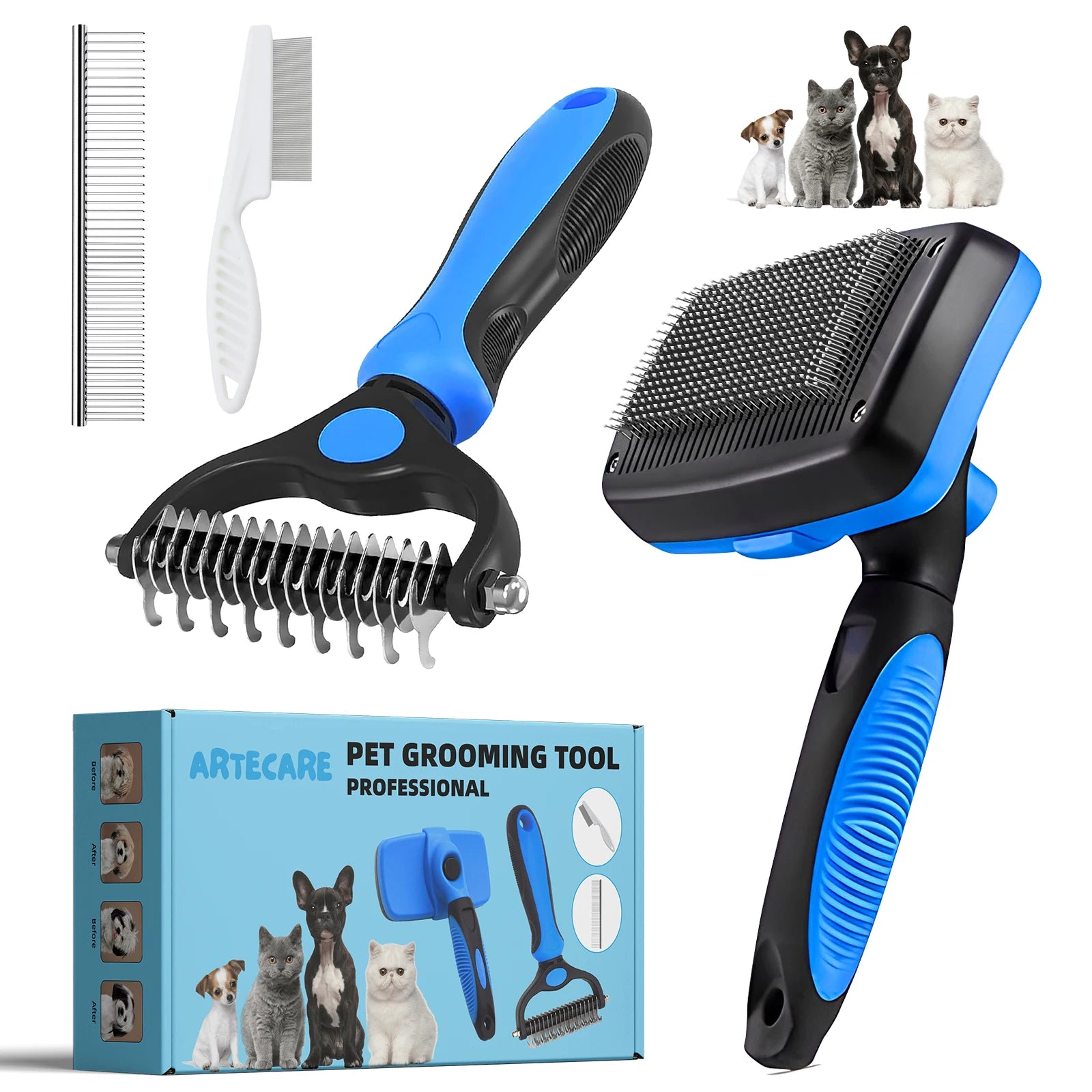 4-in-1 Professional Pet Grooming Brush Kit – Stainless Steel Comb Set for Dogs & Cats (Long & Short Hair)