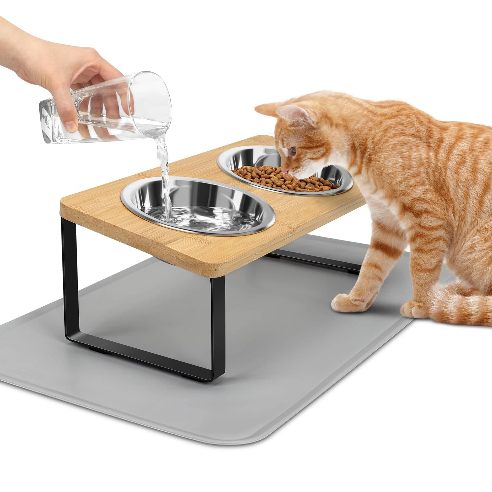 Elevated Cat Bowls with 15° Tilt – Raised Stainless Steel Cat Feeder with Anti-Slip Food Mat (Set of 2)