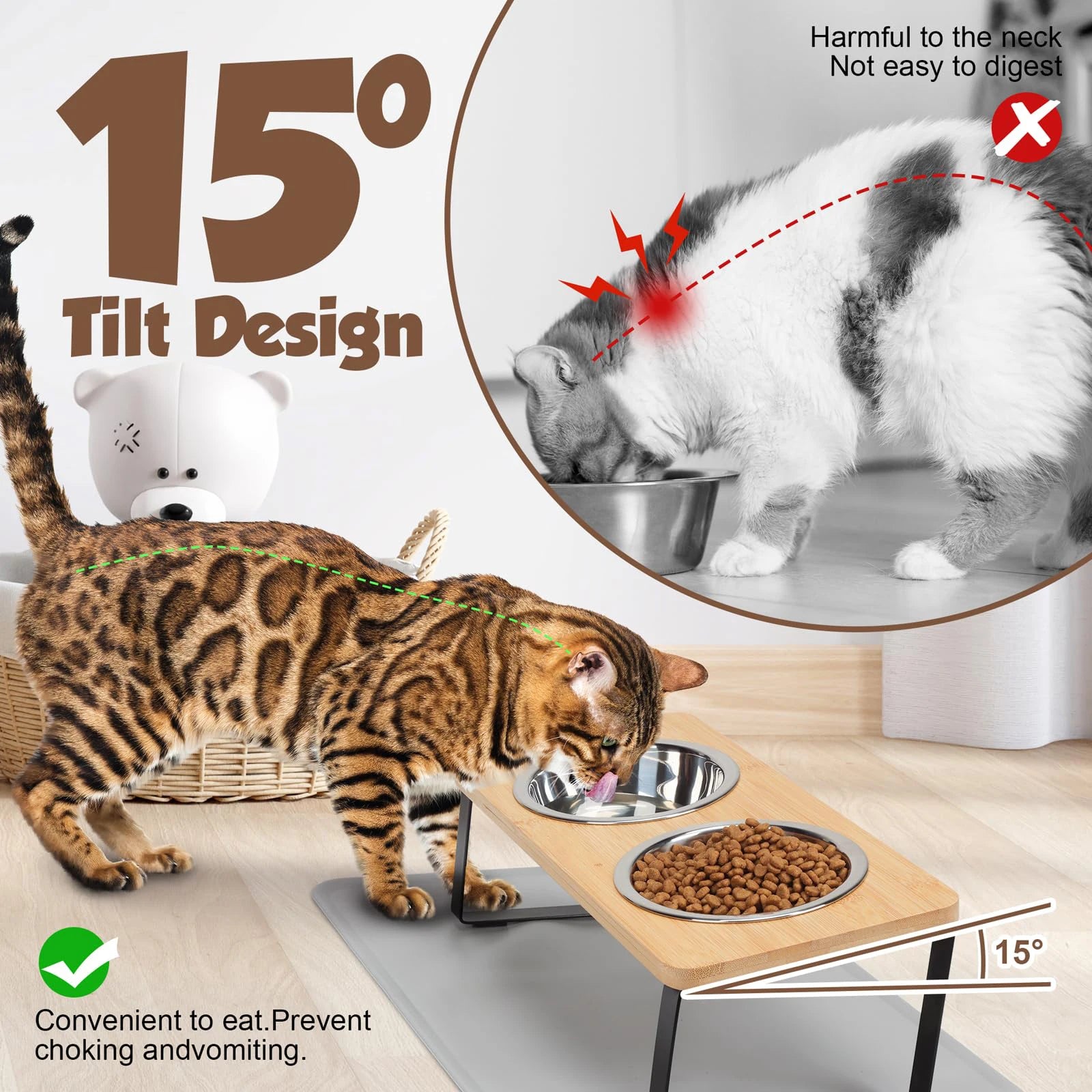 Elevated Cat Bowls with 15° Tilt – Raised Stainless Steel Cat Feeder with Anti-Slip Food Mat (Set of 2)