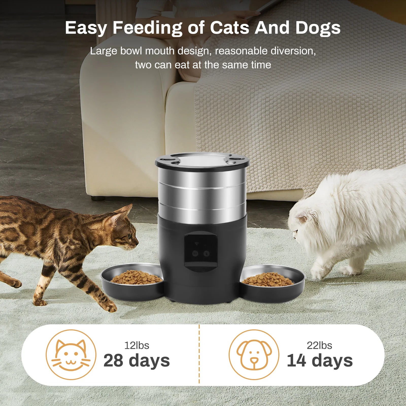 4.5L Smart Automatic Pet Feeder with WiFi – Cat & Dog Food Dispenser + Dual Stainless Steel Bowls