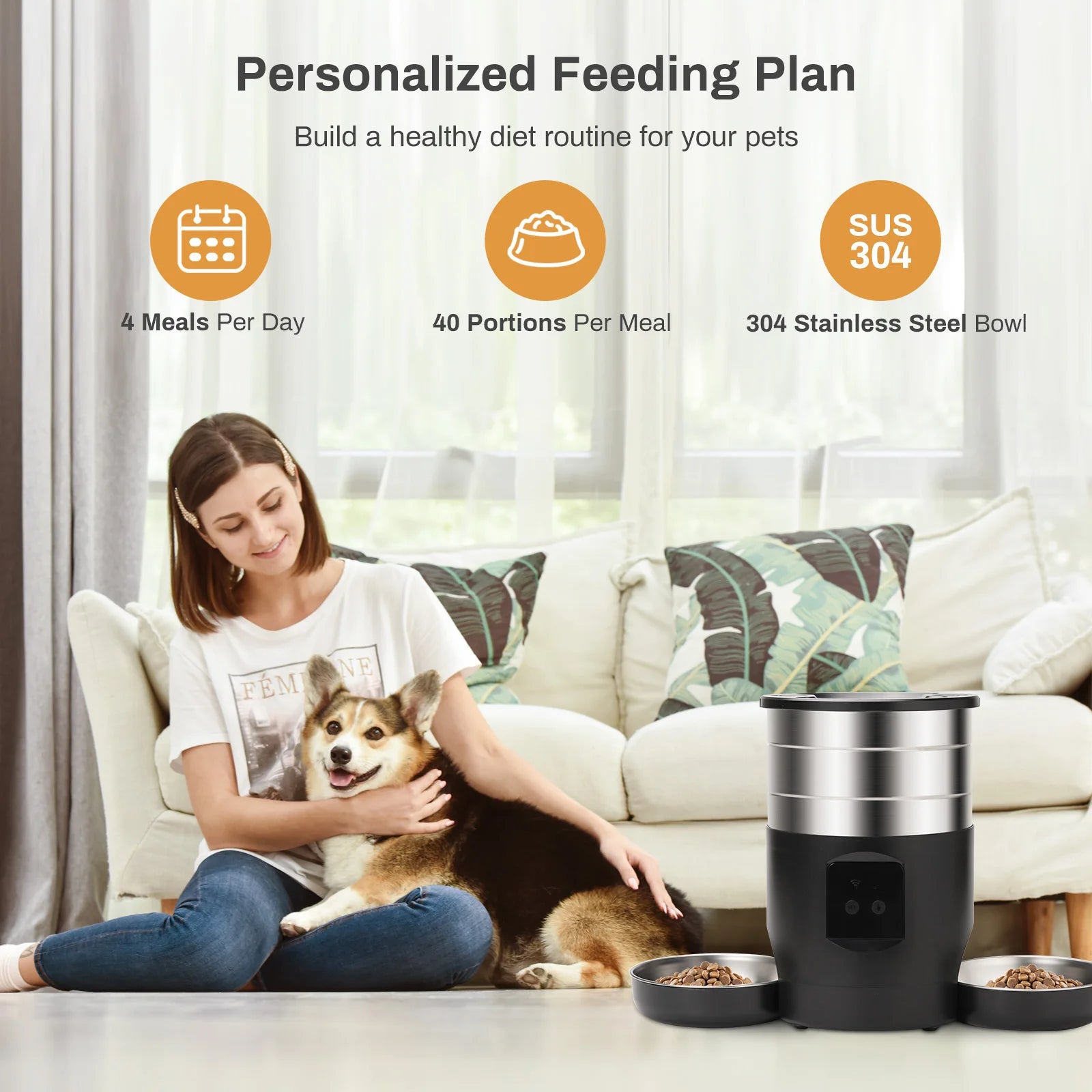 4.5L Smart Automatic Pet Feeder with WiFi – Cat & Dog Food Dispenser + Dual Stainless Steel Bowls