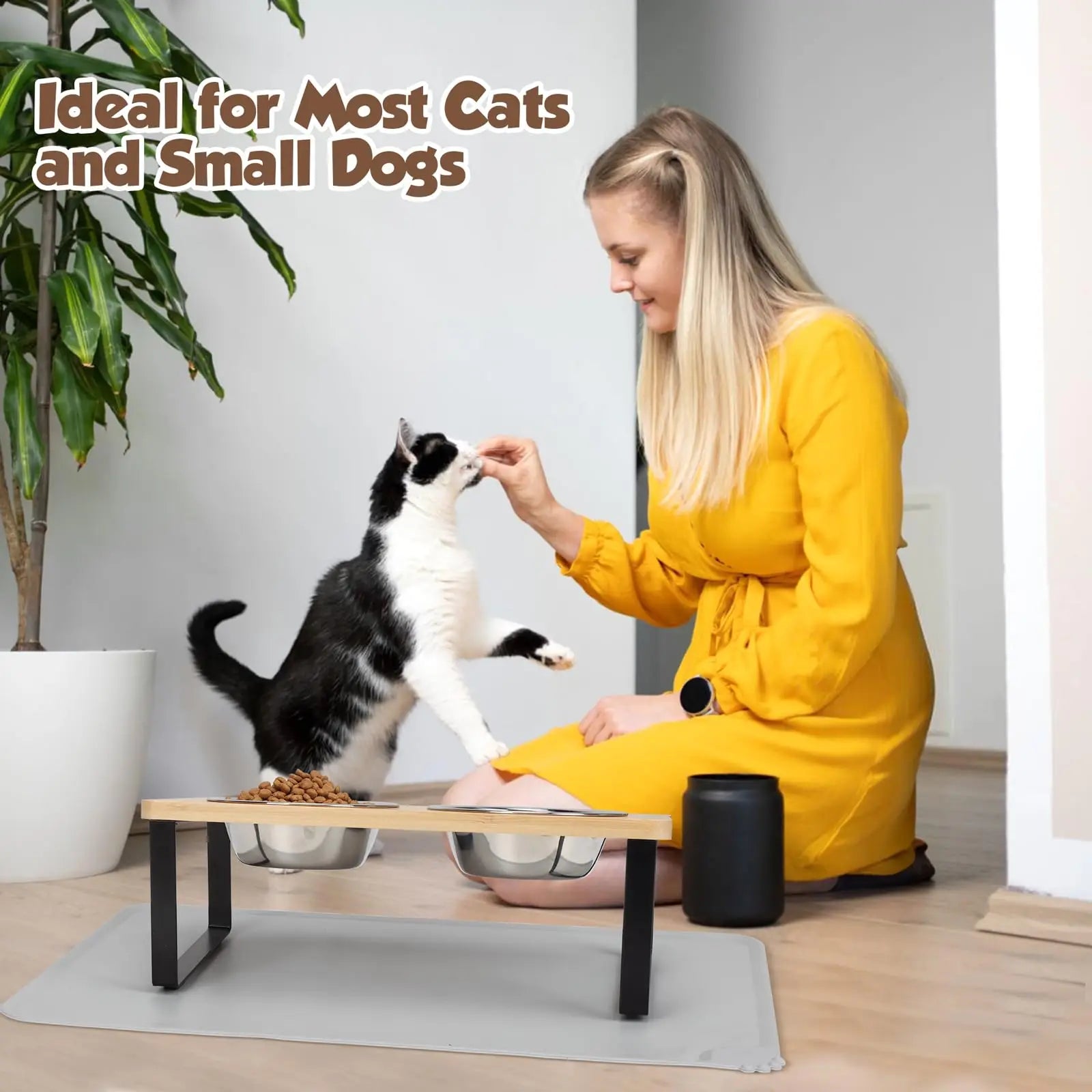 Elevated Cat Bowls with 15° Tilt – Raised Stainless Steel Cat Feeder with Anti-Slip Food Mat (Set of 2)